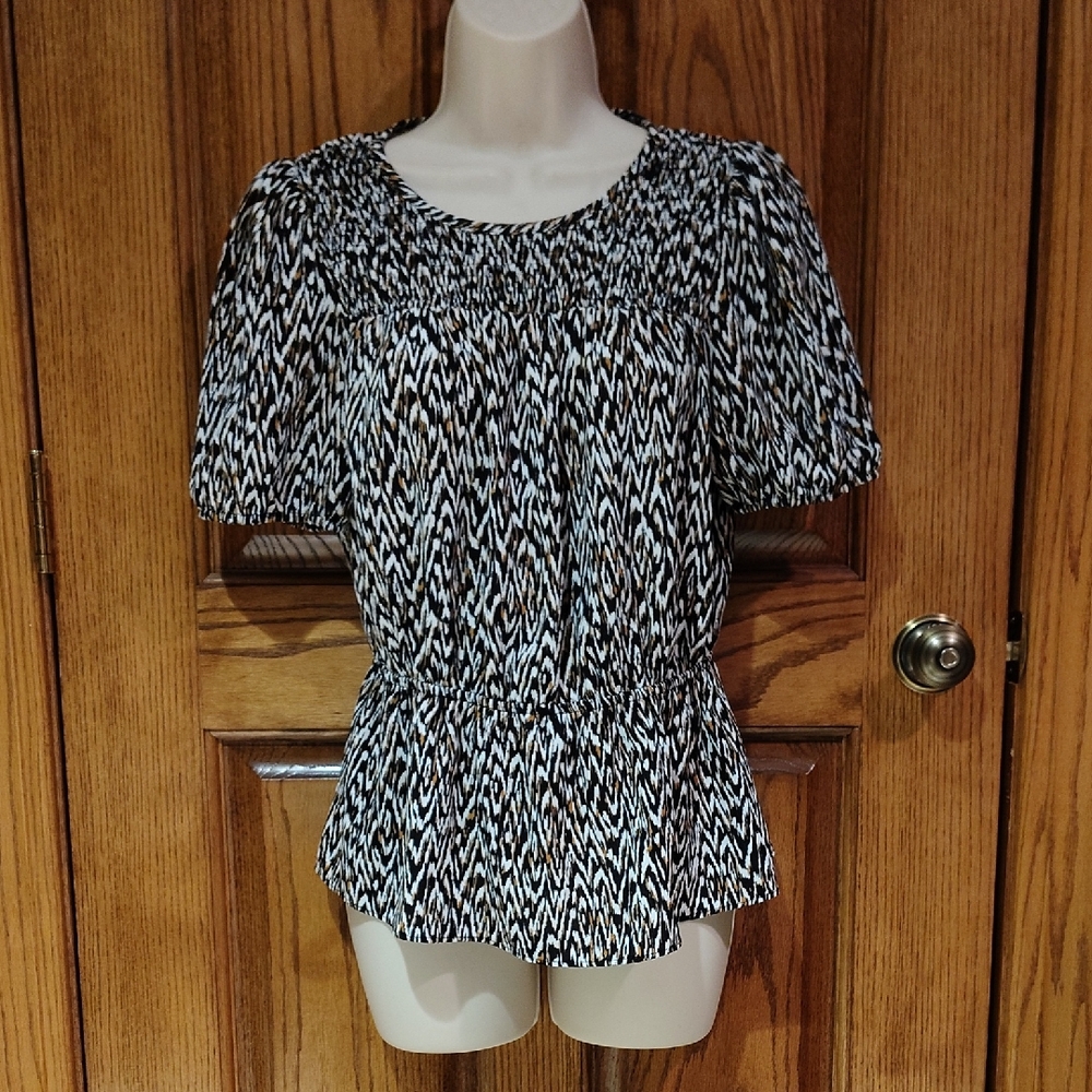 Darling Nine West Black, Orange-Brown & White Patterned Blouse Small